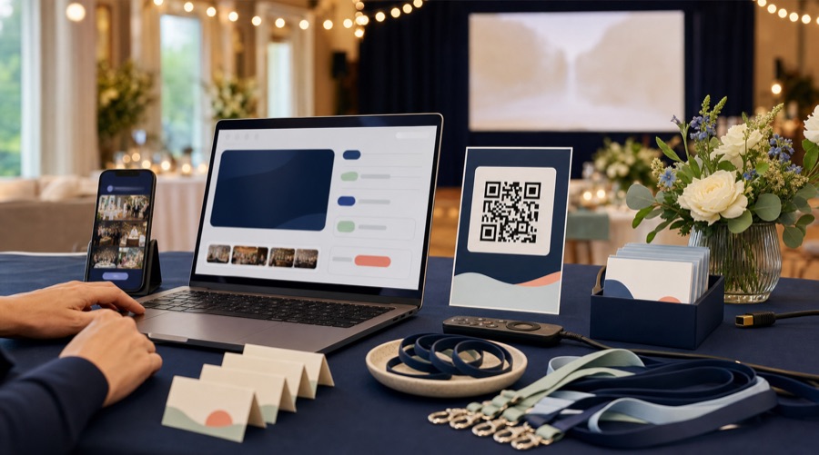 Host setting up a live stream on a laptop at an event venue