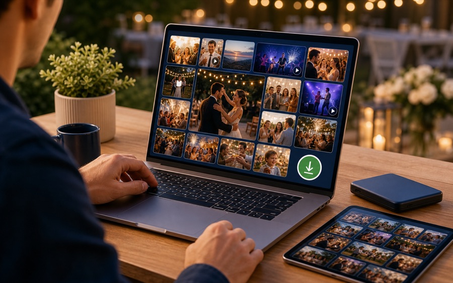 Collected event photos and videos shown in a downloadable gallery on a laptop