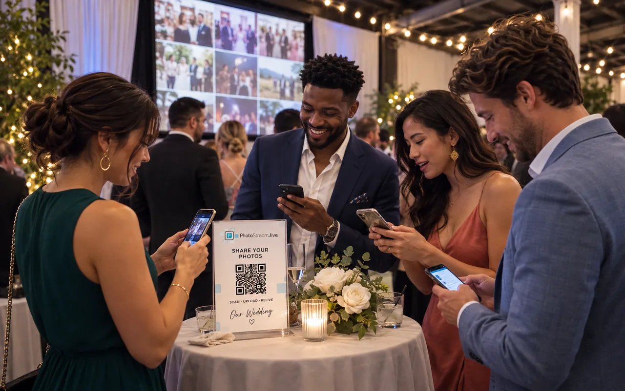 Event guests sharing photos from their phones using a QR code