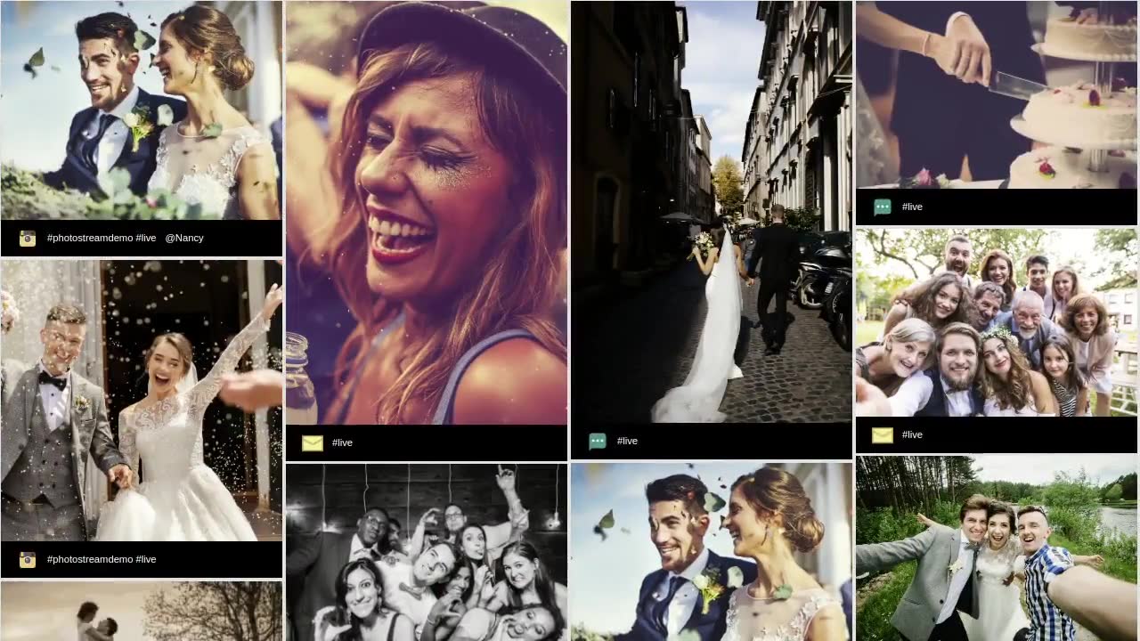 A live photo stream showing a grid of guest photos on screen