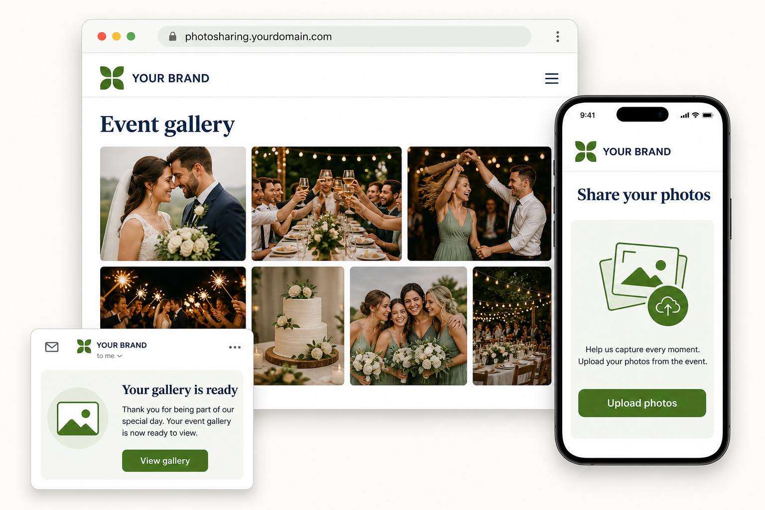 Example gallery, guest upload page, and email using the same partner logo and green colours, with photosharing.yourdomain.com in the browser